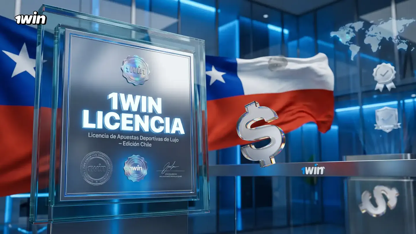 Certificado de licencia de 1win junto a la bandera chilena